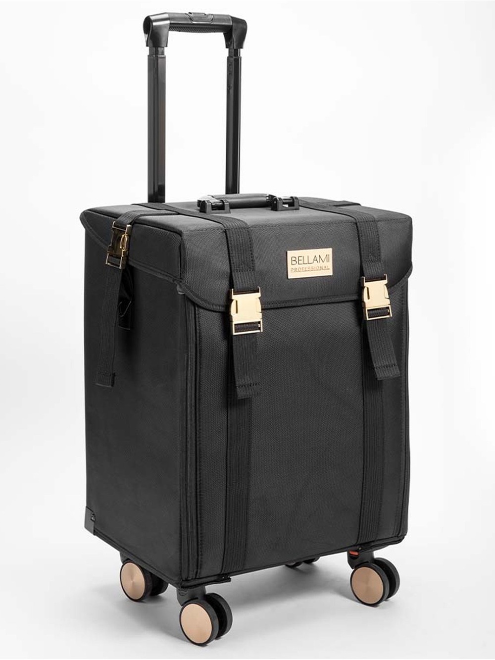 BELLAMI Black Rolling Travel Case with Gold Accents